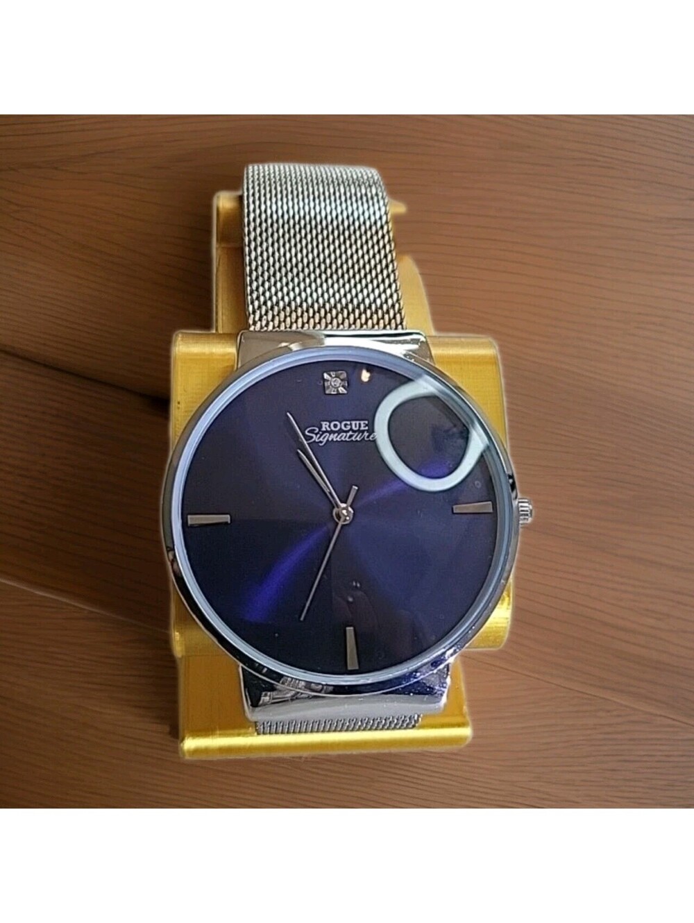 Rogue Signature Watch Silver With Blue Face Mesh Band Stainless Steel